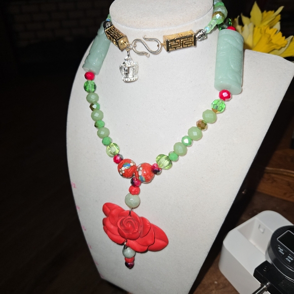 Artisan Jade & Carved Red Rose Cinnabar Crystal Necklace - Picture 7 of 11